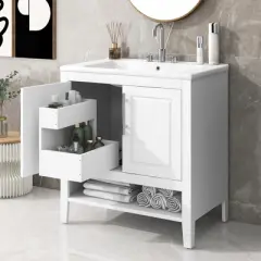 30" Bathroom Vanity with Sink, Freestanding Vanity Ceramic Sink Set with Doors, Bathroom Storage Cabinet For Home Bathroom Office Garage White
