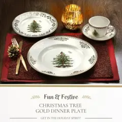 Spode Christmas Tree Gold Dinner Plate, 10.5-Inch Porcelain Dinner & Appetizer Plate, Microwave & Dishwasher Safe, Festive Collectible Dining Plate