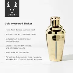 Viski Gold Measured Cocktail Shaker, 14 oz, Measured Gold Plated Stainless Steel Shaker With Strainer