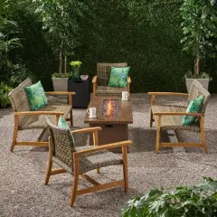 Breakwater 6pc Wood & Wicker Chat Set with Fire Pit - Natural/Gray/Brown - Christopher Knight Home