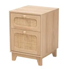 Elsbeth Wood and Natural Rattan 1 Drawer End Table Light Brown/Natural Brown - Baxton Studio
