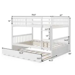 Costway Full over Full Bunk Bed Platform Wood Bed w/ Trundle & Ladder Rail Brown/White