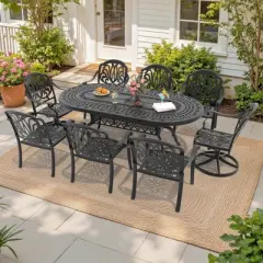 9-Piece Oval Cast Aluminum Outdoor Patio Dining Set with Swivel Chairs & Brown Cushions & Umbrella Hole