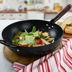 Spice by Tia Mowry 12in Carbon Steel Wok with Wooden Handle in Black