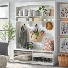 Buylateral Portage Shiplap Entry Cabinet White: Coastal Style Hall Tree, Laminated MDF, 3 Hooks