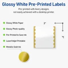 Avery Printable Square Labels, Gold Edge Dots, 3" x 3", Glossy White Square Labels, Permanent, Laser/Inkjet, 60ct, Great for Product Labels