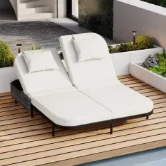 FIONECA Outdoor Rattan Daybed with Adjustable Backrest and Cushions, Black Frame & Beige Fabric
