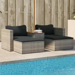 vidaXL 5-Piece Gray Poly Rattan Patio Sofa Set with Cushions - Acacia Wood Tabletop, Modular Design, Cushion Covers, Outdoor/Indoor Comfort