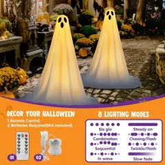 Joyfy 2 Pack 47'' Halloween Standing Ghost Outdoor Decoration,  White Ghost with Warm String Light Haunted House Prop for Garden Yard Porch Lawn Decor