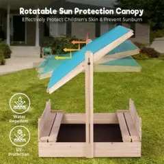 FUNTOK Outdoor Wooden Square Sandbox - Includes Adjustable UV-Resistant Canopy, Lid & 2 Bench Seats