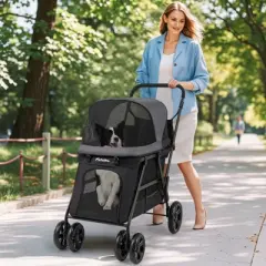 Tangkula Dog Stroller with Low Entry & Ramp Access w/ Lockable & Shock-Absorbing All-Terrain Wheels Folding Pet Travel Wagon for Small Medium Dogs
