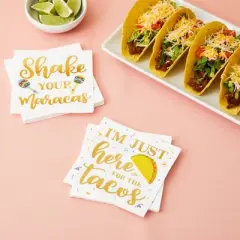Blue Panda 100 Pack Gold Foil Napkins for Mexican Cinco de Mayo Decorations, 4 Designs, 5 x 5 inches
