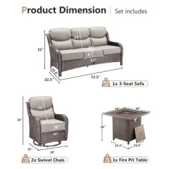 Gymojoy 4 Pieces Outdoor Patio Wicker Sofa Swivel Chair with 6 Inch Cushions and Fire Pit Table