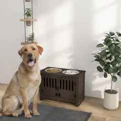 INFURNIC Pet Bowl Large Elevated Feeding Station with Storage Cabinet Stainless Steel Bowls, Brown, 23.5"*11.8"*17"