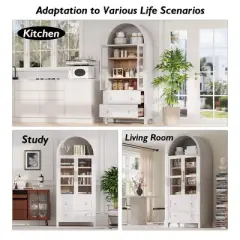ORRD 71" White Arched Pantry Cabinet with 2 Drawers & Glass Door, Adjustable Shelves, Farmhouse Storage for Kitchen & Dining Room