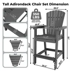 Patio HDPE Adirondack Chairs, Outdoor Tall Seating, for Deck, Balcony, Backyard, Patio Bar Stool Chair, Gray
