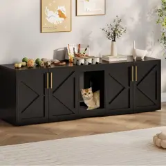 Cat Litter Box Enclosure with Double Room, Modern Wood Cat Washroom Furniture with Pad