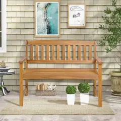 Costway Patio Acacia Wood Bench 2-Person Slatted Seat Backrest 800 Lbs Outdoor Natural