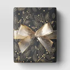 30&rdquo; 25 sq ft Christmas Roll Wrap Gold Botanical on Black - Wondershop&trade;