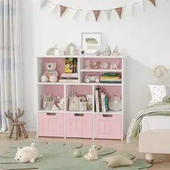 Toy Storage Cabinet, Kids Toy Shelf, Bookshelf with Hidden Wheels, 3 Removable Drawers for Bedroom, Playroom and Nursery, White Pink