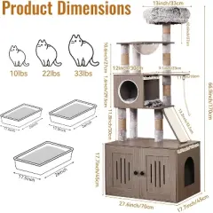 2-in-1 Cat Tower with Multiple Platforms, 66.9in Tall Hidden Washroom Litter Box Enclosure with Cat Tree, Wooden Cat Condo with Scratching Post, Gray
