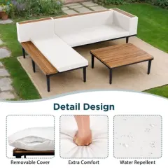 89.4" Outdoor Patio L-Shaped Acacia Wood Sectional Sofa Set with Coffee Table and Side Table