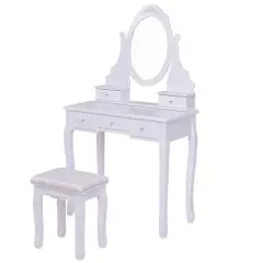Tangkula Oval Vanity Mirror Dressing Table Beauty Dresser Cosmetics Organizer w/ Cushioned Bench