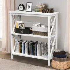 Costway Wooden Shelf Bookcase 3-Tier Open Bookshelf W/X-Design Freestanding Rack BlackBrownNaturalWhite