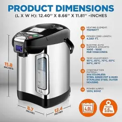 NutriChef Digital Water Boiler and Warmer - 4 Liter Stainless Electric Hot Water Dispenser w/ LCD Display
