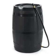 FCMP Outdoor RC45 45 Gallon Heavy Duty Outdoor Home Rain Water Catcher Barrel Container with Hose & Debris Screen, Black
