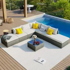 8-Pieces Patio Furniture Set, Sectional Couch With 2 Ottomans, Coffee Table, Corner Sofa, 4 Single Sofa, Anti Slip Feet, For Garden, Beige