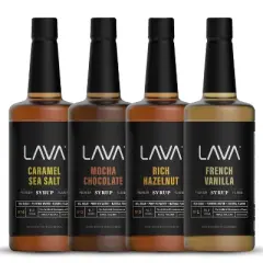 (Variety 4-Pack) LAVA Premium Natural Coffee Syrups: Salted Caramel, French Vanilla, Mocha Chocolate, and Rich Hazelnut, 33.8oz (1-Liter) Bottles