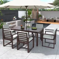 Whisen 7-Piece Wooden Patio Dining Set & Outdoor Dining Table and Chair Set with Removable Cushions and Built-in Umbrellla Hole