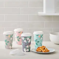 Blue Panda 48 Pack Disposable 16oz Coffee Cups with Lids, Floral Paper To Go Coffee Cups for Party, Wedding Shower, 4 Pastel Colors