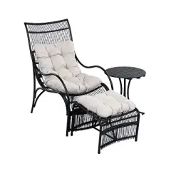 DOMETOUR 3-Piece Wicker Patio Furniture Set with Lounge Chair, Table, Cushions & Ottoman for Garden, Deck, Porch - Black & Beige