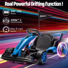 Ride On Go Kart for Kids, 24V 7Ah Battery Two 200W Motors, 8MPH Fast Drifting Circling Car, Adjustable Seat Electric Ride Toy, for Kids 6+