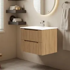 Wooakway 24" Walnut Floating Wall Mount Bathroom Vanity with White Sink