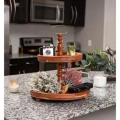 BIRDROCK HOME 2-Tier Farmhouse Serving Tray with Handle - Espresso