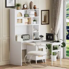 Gulches Computer Desk with 90 Rotating Desktop Office Desk Storage Drawer Cabinets Shelves Gaming Writing Desk Home Office White