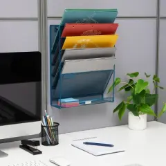 Mind Reader 5-Tier Vertical File Storage, Desktop Organizer, Wall Mount, Office, Metal Mesh, 12.75"L x 4"W x 16"H, Turquoise