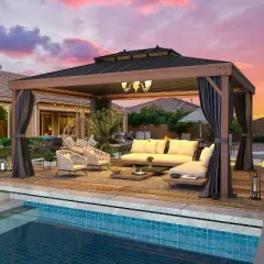 Erommy 12' x 16' Hardtop Gazebo Metal Gazebo with Wood Grain Aluminum Frame, Galvanized Steel Double Roof with Netting and Curtains for Backyard