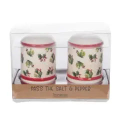 Transpac Dolomite Vintage Holly Salt and Pepper Shaker Set Decorative Ceramic Shakers for Christmas Tabletop Decor