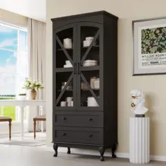 72" Tall Kitchen Pantry Cabinet, Farmhouse Storage Cabinet with Glass Doors, Organizer, Adjustable Shelves,Wood China Cabinet, Display Cabinet