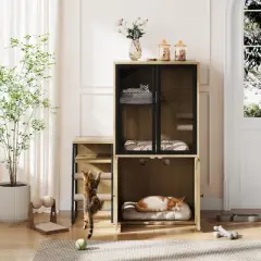 Cat Litter Box Enclosure - Double Layer Cat House withenclosed Litter Box Below & Lounging Hammock Above, Includes Scratching Posts and Ladder