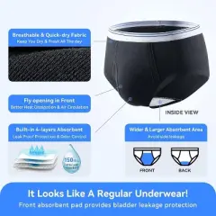 CARER 3pk Incontinence Underwear for Men Washable Men's Urinary Incontinence Briefs - Medium Absorbency