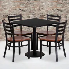 Flash Furniture 30'' Square Black Laminate Table Set with 4 Ladder Back Metal Chairs - Cherry Wood Seat