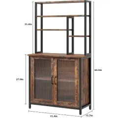 Bakers Rack with Cabinet, 5 Tier Microwave Stand 63.78", Baker Rack with Fluted Door Large Kitchen Oven Stand Tall Bar Cabinet, Retro Brown