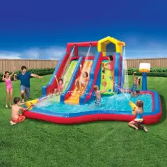 Banzai Twin Falls Kids Giant Outdoor Inflatable Dual Water Slide Splash Park with Climbing Wall, Water Cannons, and Basketball Hoop