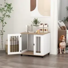 PawHut Dog Crate Furniture, Indoor Side Table Dog Kennel Furniture, End Table with Lockable Door for Small and Medium Dogs, Walnut Brown
