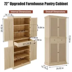 72" Tall Freestanding Pantry Cabinet, Farmhouse Wooden Storage Cupboard with 4 Doors (Barn Doors),